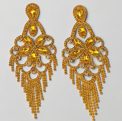 Long Golden Yellow Rhinestone Chandelier Tassel Earrings