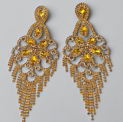 Long Golden Yellow Rhinestone Chandelier Tassel Earrings