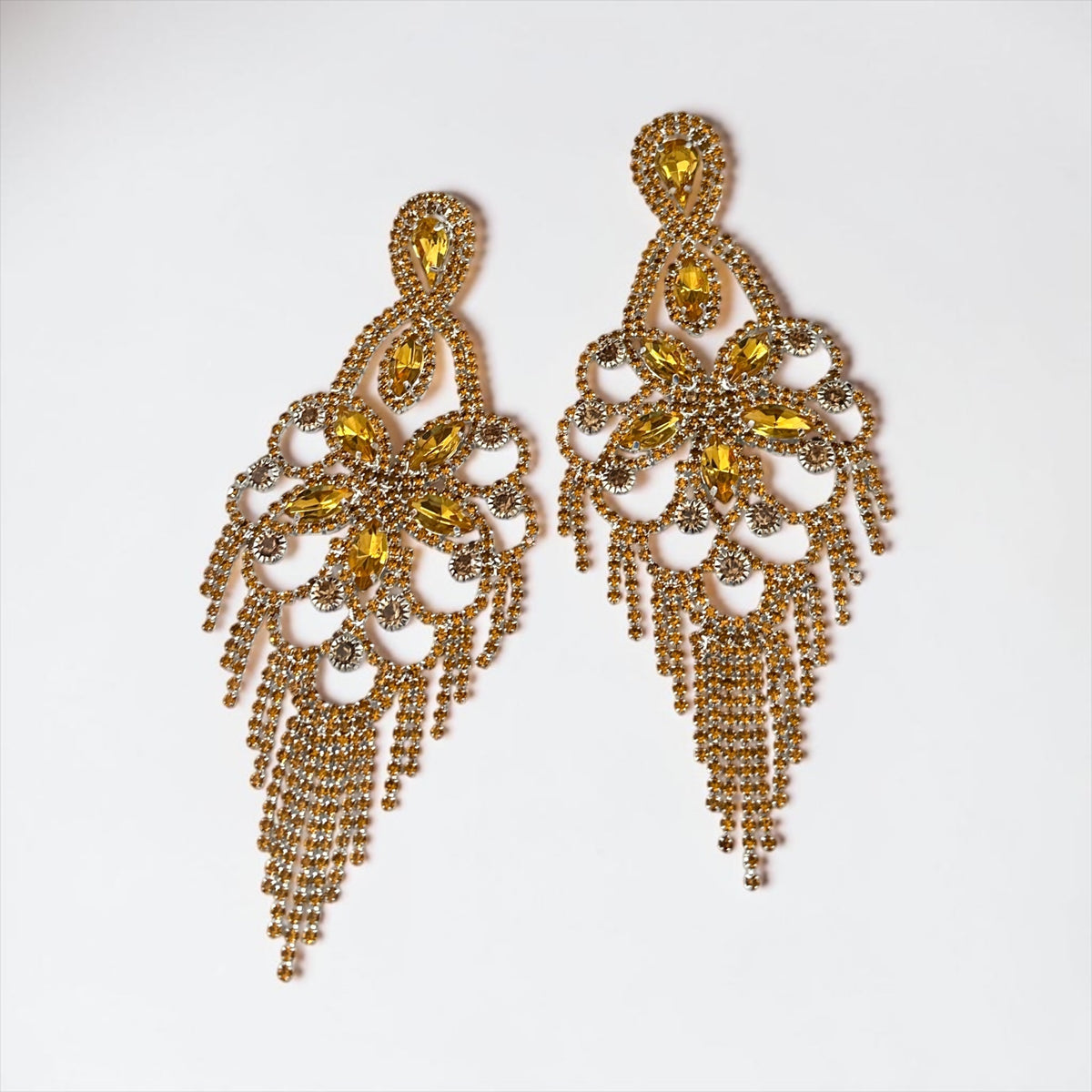 Long Golden Yellow Rhinestone Chandelier Tassel Earrings Fatisha Boutique
