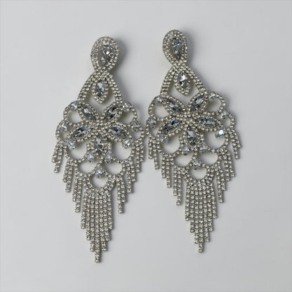 Long Crystal Clear Rhinestone Chandelier Tassel Earrings