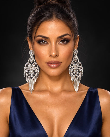 Long Crystal Clear Rhinestone Chandelier Tassel Earrings