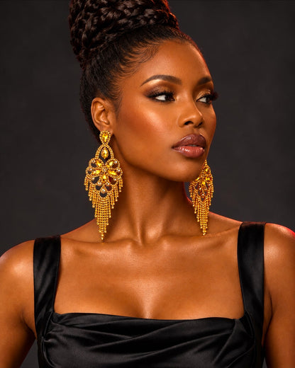Long Golden Yellow Rhinestone Chandelier Tassel Earrings