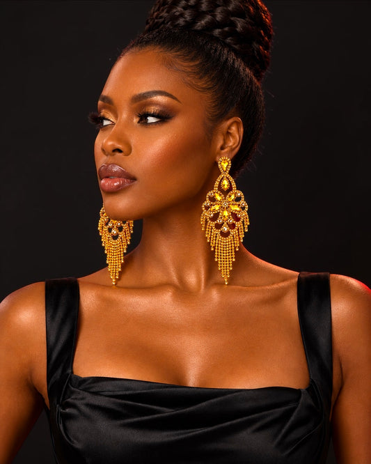 Long Golden Yellow Rhinestone Chandelier Tassel Earrings