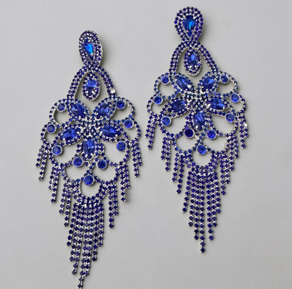 Long Royal Blue Rhinestone Chandelier Tassel Earrings