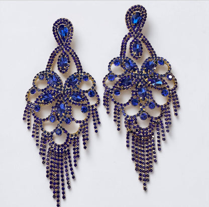 Long Royal Blue Rhinestone Chandelier Tassel Earrings