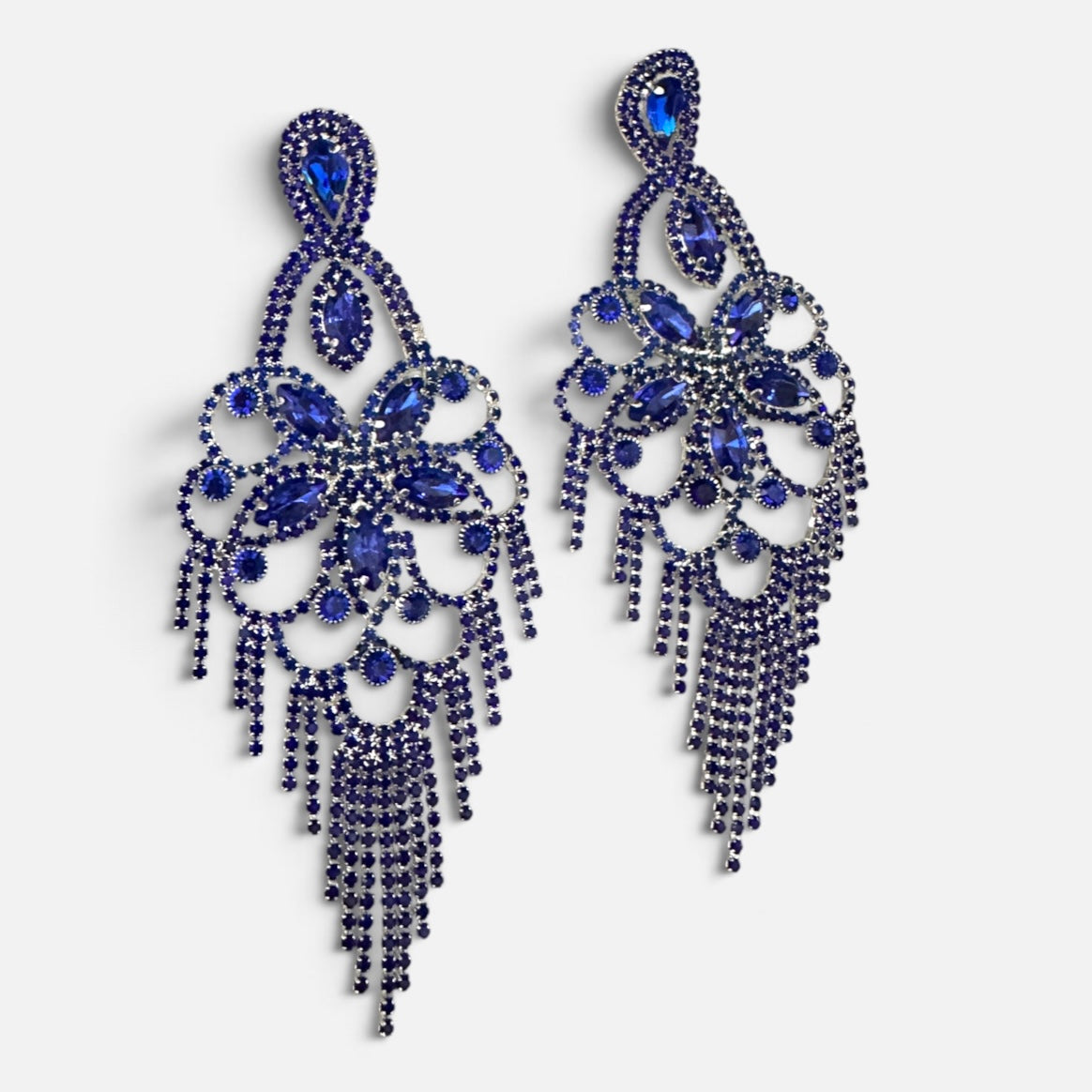 Long Royal Blue Rhinestone Chandelier Tassel Earrings Fatisha Boutique