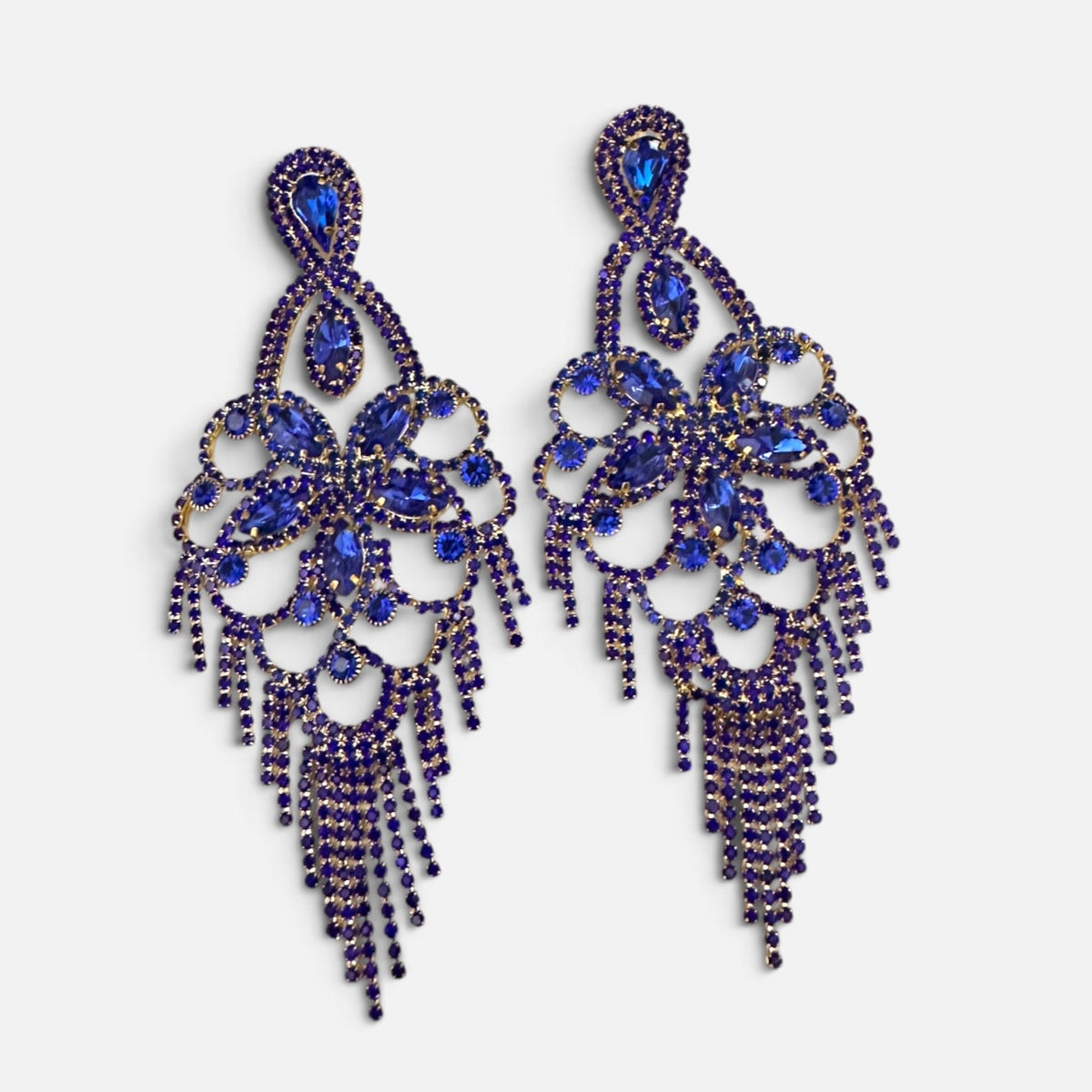 Long Royal Blue Rhinestone Chandelier Tassel Earrings Fatisha Boutique