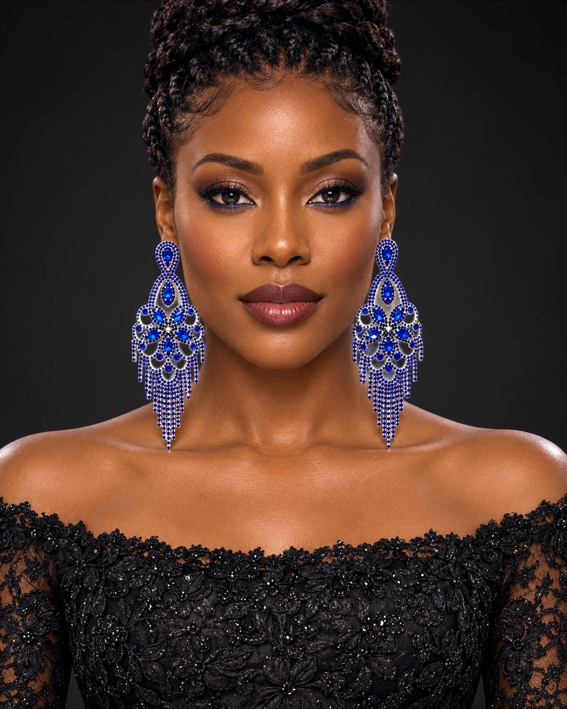 Long Royal Blue Rhinestone Chandelier Tassel Earrings Fatisha Boutique