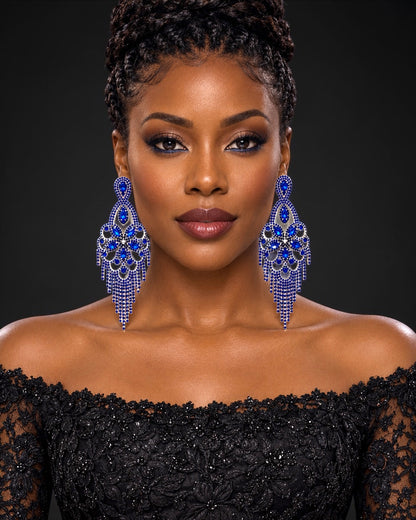 Long Royal Blue Rhinestone Chandelier Tassel Earrings