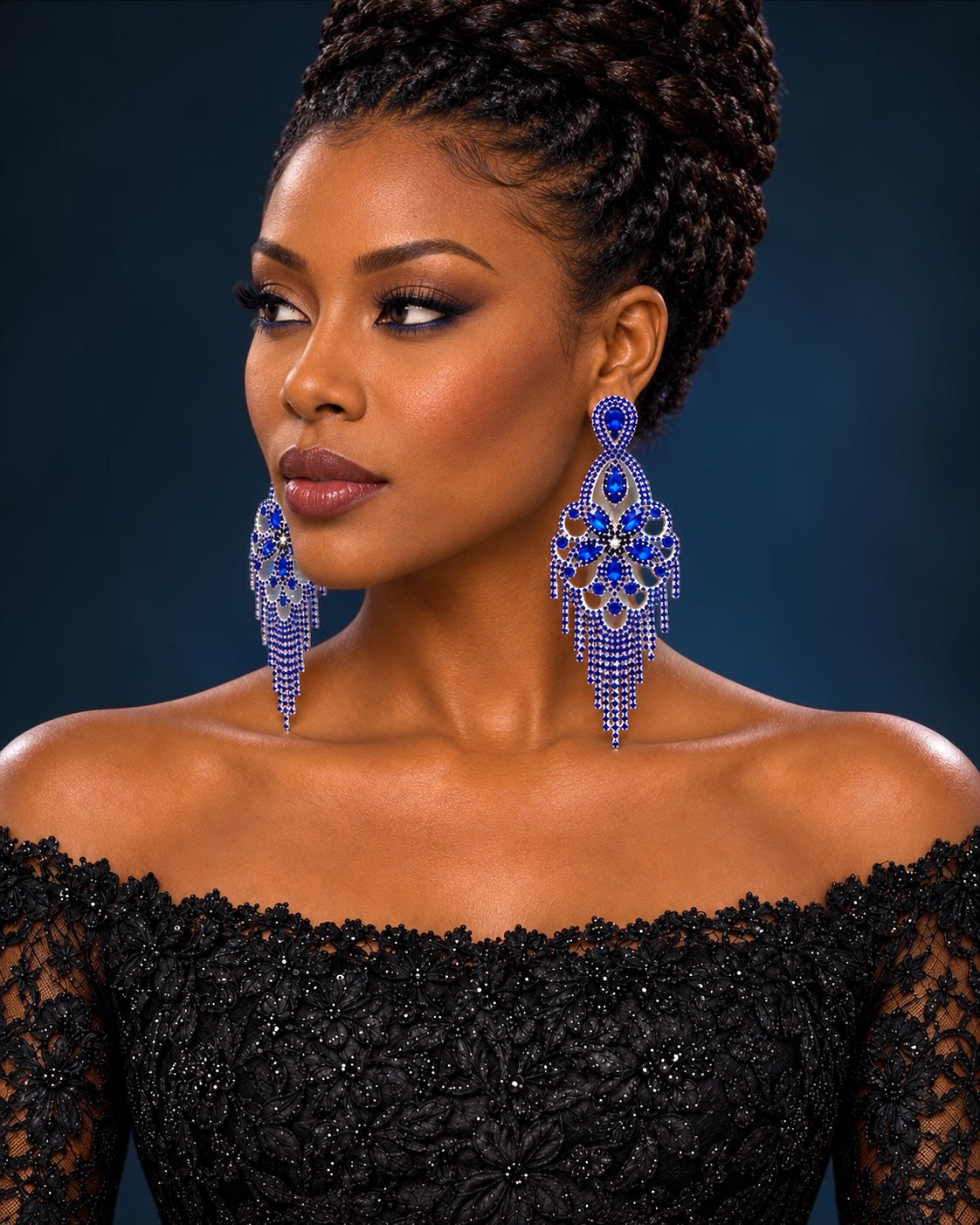 Long Royal Blue Rhinestone Chandelier Tassel Earrings