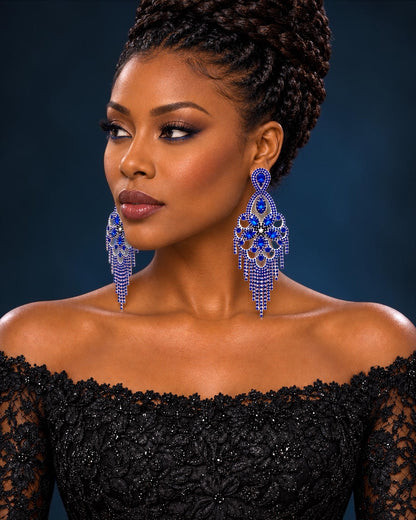 Long Royal Blue Rhinestone Chandelier Tassel Earrings