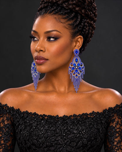 Long Royal Blue Rhinestone Chandelier Tassel Earrings