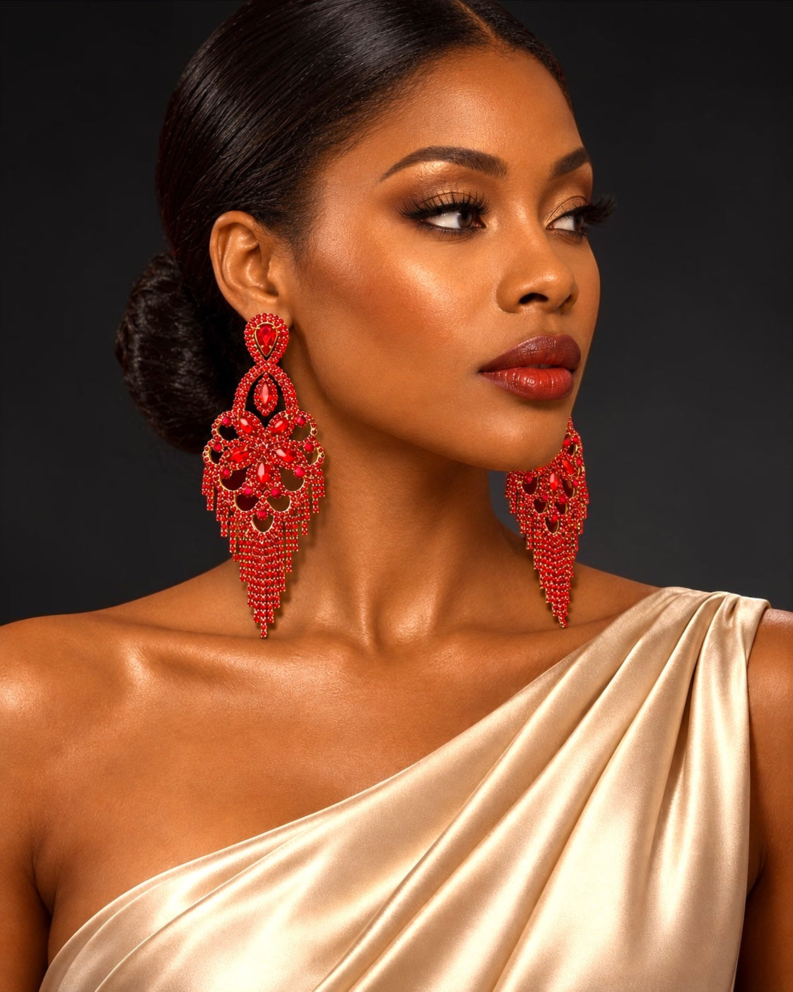 Long Ruby Red Rhinestone Chandelier Tassel Earrings Fatisha Boutique