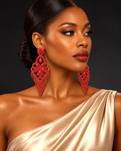 Long Ruby Red Rhinestone Chandelier Tassel Earrings