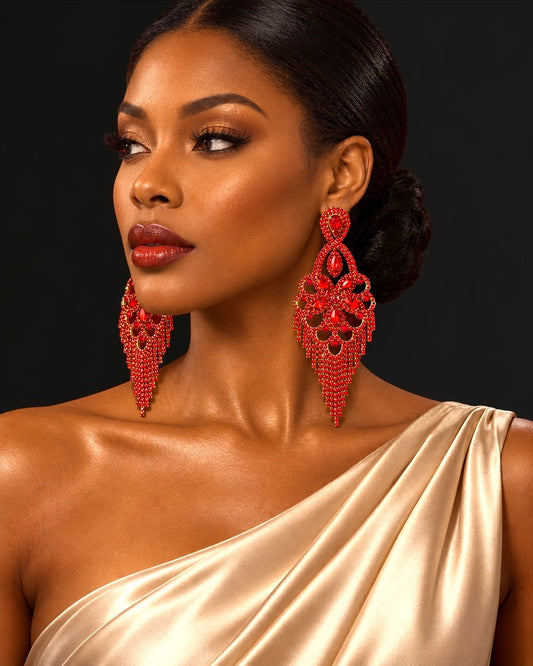 Long Ruby Red Rhinestone Chandelier Tassel Earrings