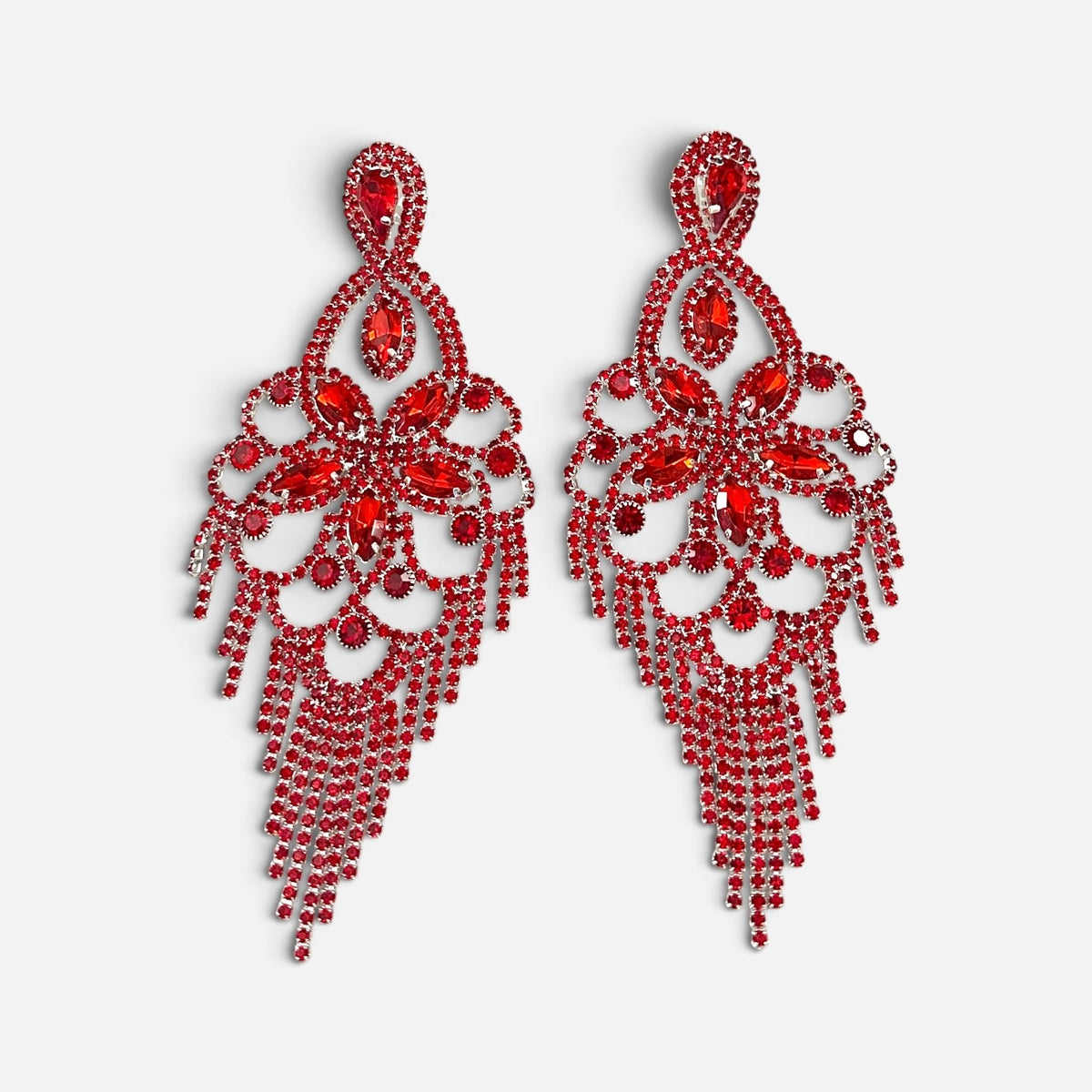 Long Ruby Red Rhinestone Chandelier Tassel Earrings