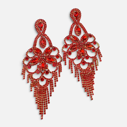 Long Ruby Red Rhinestone Chandelier Tassel Earrings