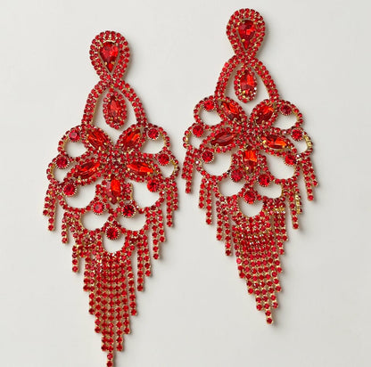Long Ruby Red Rhinestone Chandelier Tassel Earrings
