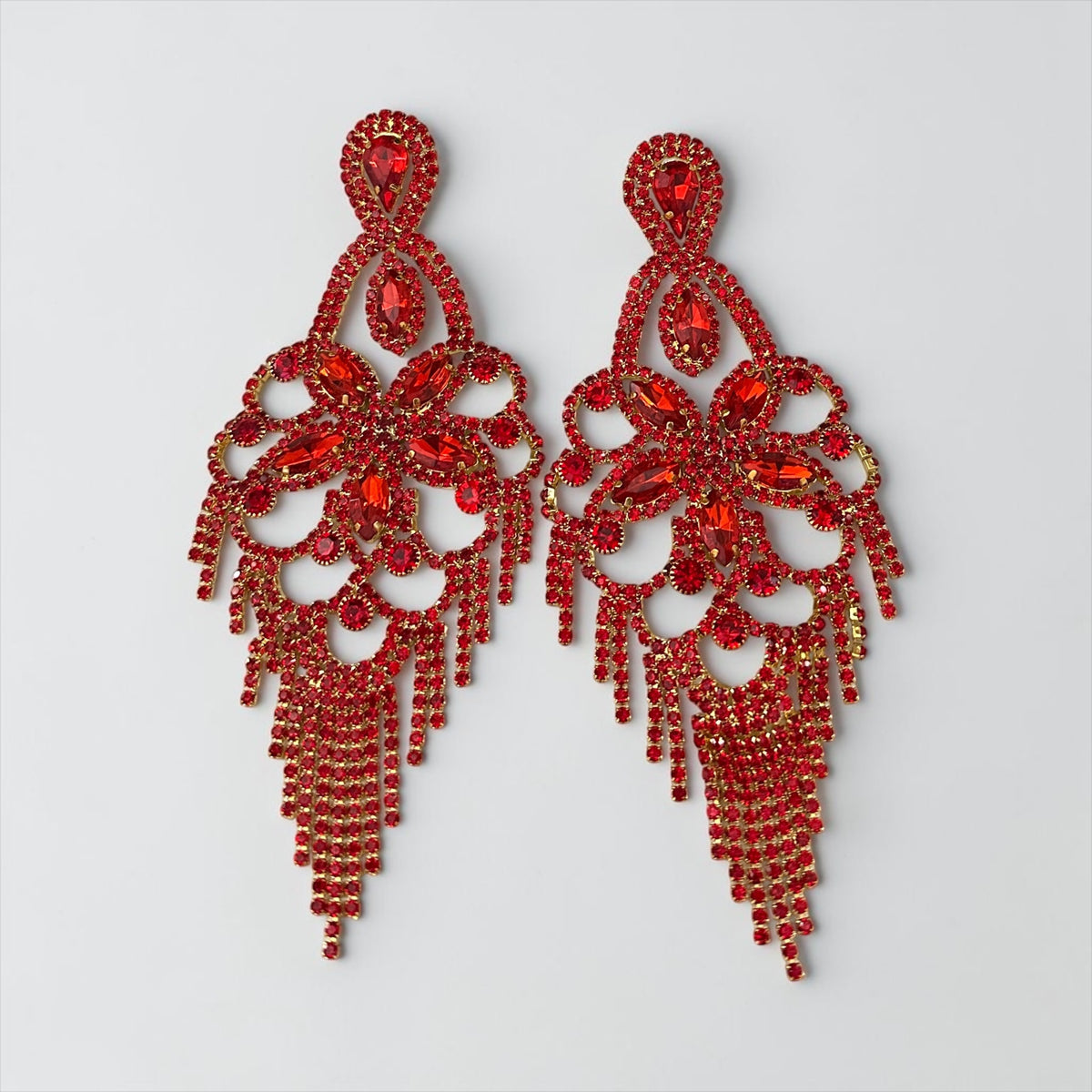 Long Ruby Red Rhinestone Chandelier Tassel Earrings Fatisha Boutique