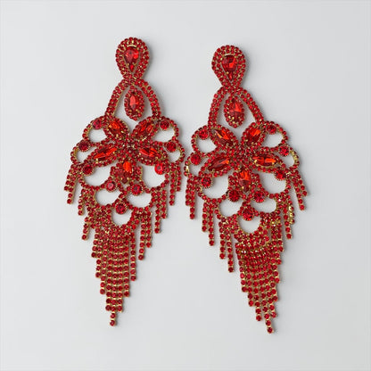 Long Ruby Red Rhinestone Chandelier Tassel Earrings