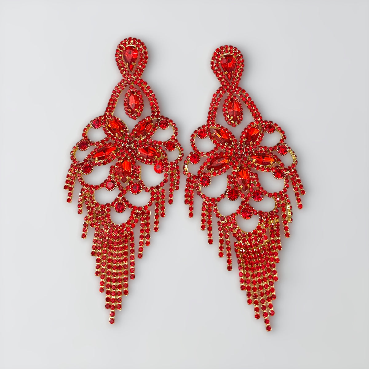 Long Ruby Red Rhinestone Chandelier Tassel Earrings