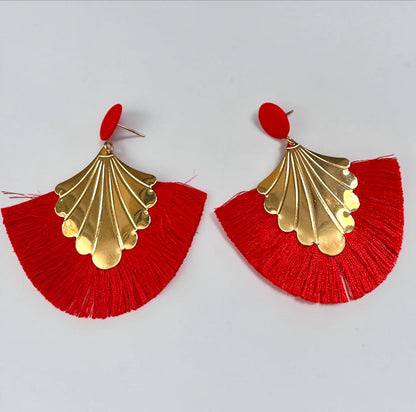 Fan Tassel Statement Earrings with Gold Shell Charm