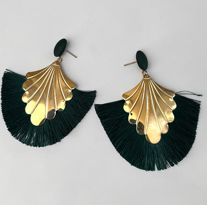 Fan Tassel Statement Earrings with Gold Shell Charm