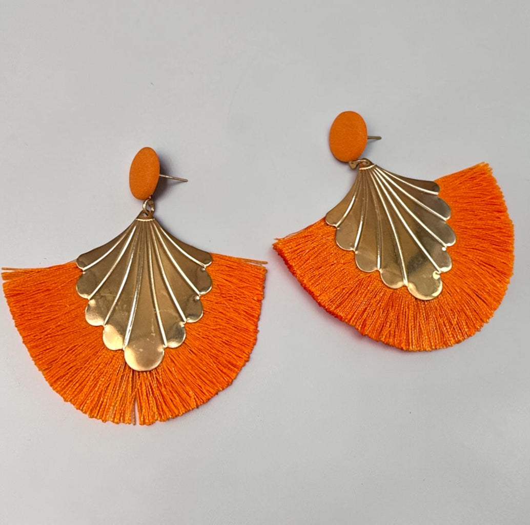 Fan Tassel Statement Earrings with Gold Shell Charm