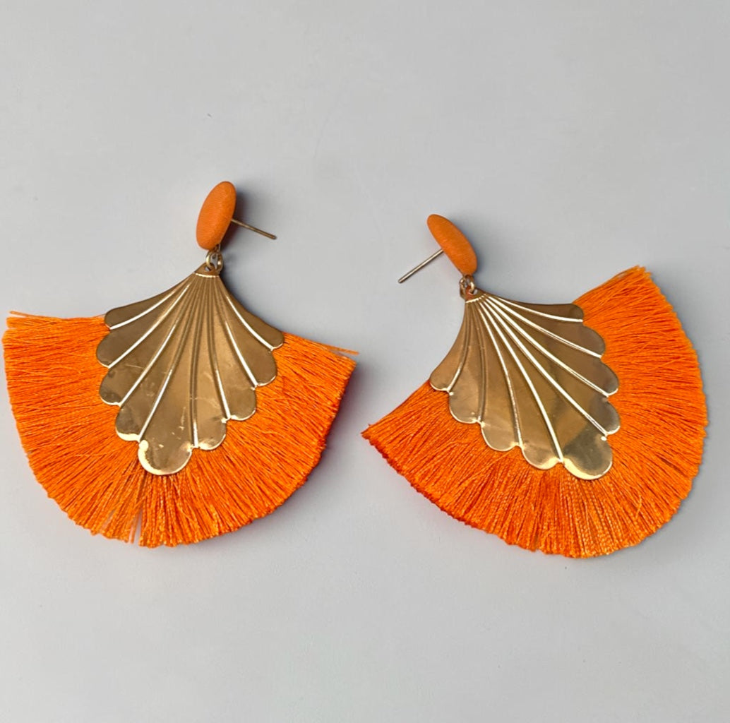 Fan Tassel Statement Earrings with Gold Shell Charm