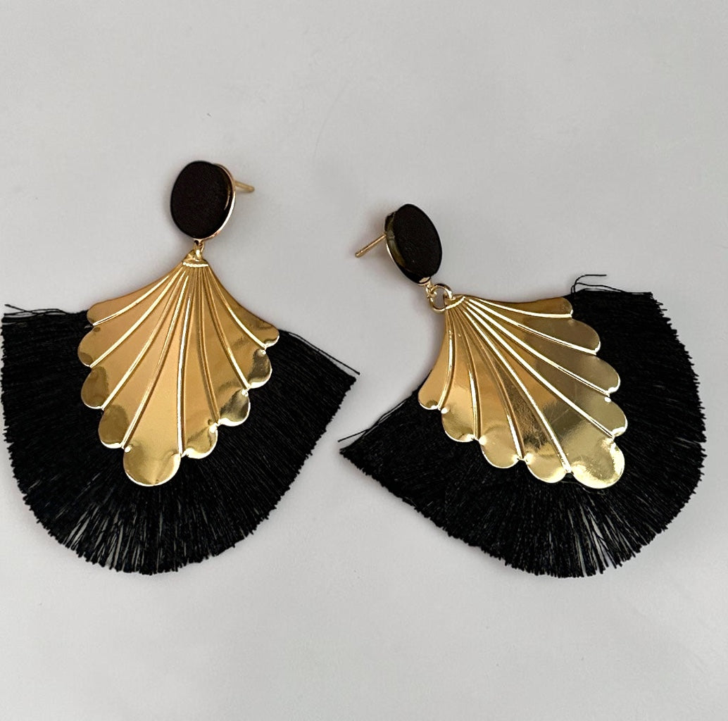 Fan Tassel Statement Earrings with Gold Shell Charm