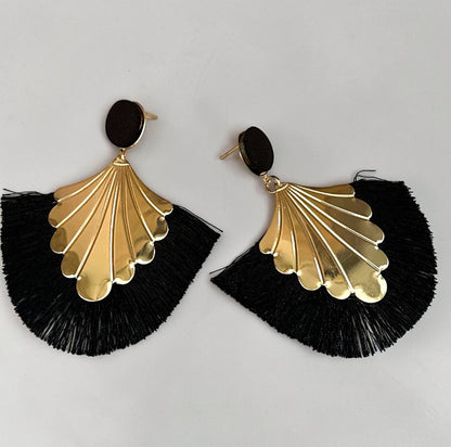 Fan Tassel Statement Earrings with Gold Shell Charm