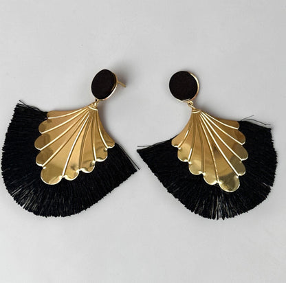 Fan Tassel Statement Earrings with Gold Shell Charm