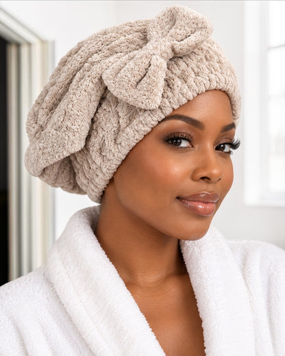 Microfiber Hair Towel Wrap with Bow, Quick Dry Hair Turban Cap - Fatisha Boutique