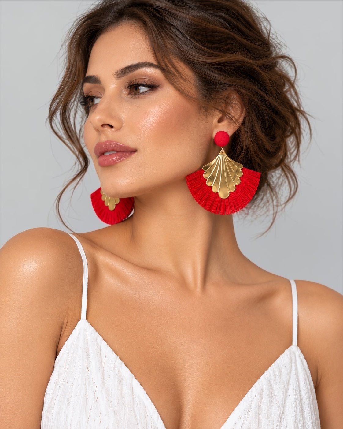 Fan Tassel Statement Earrings with Gold Shell Charm