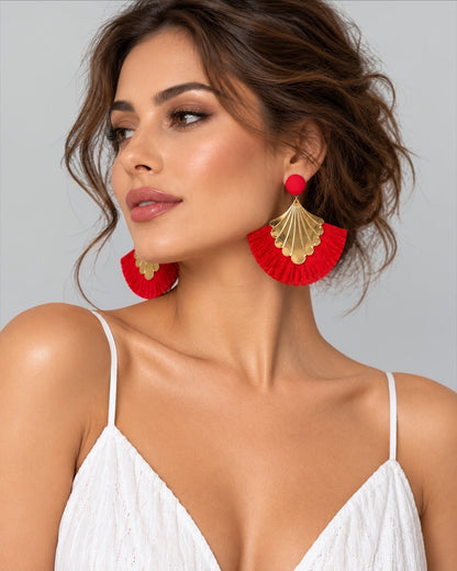 Fan Tassel Statement Earrings with Gold Shell Charm