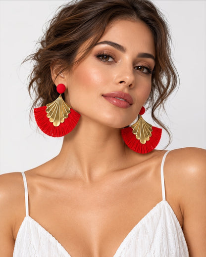 Fan Tassel Statement Earrings with Gold Shell Charm