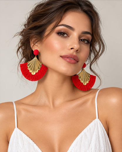 Fan Tassel Statement Earrings with Gold Shell Charm