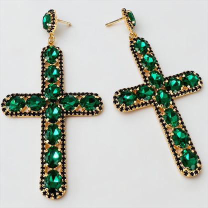 Oversized Rhinestone Cross Statement Earrings – Long Crystal Drop Earrings - Fatisha Boutique