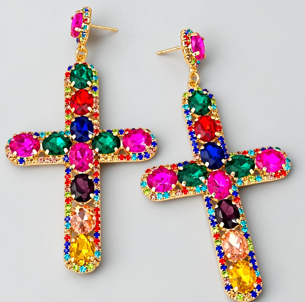 Oversized Rhinestone Cross Statement Earrings – Long Crystal Drop Earrings - Fatisha Boutique Fatisha Boutique