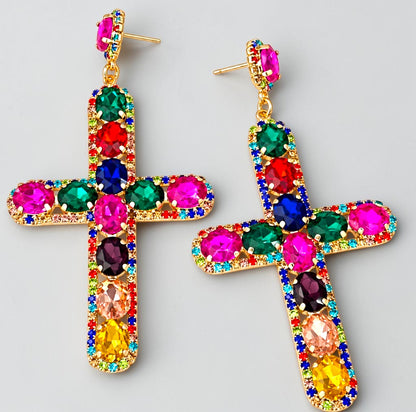 Oversized Rhinestone Cross Statement Earrings – Long Crystal Drop Earrings - Fatisha Boutique