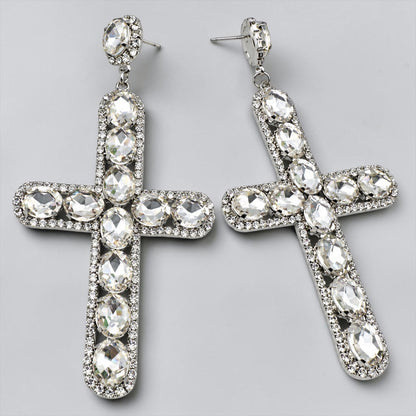 Oversized Rhinestone Cross Statement Earrings – Long Crystal Drop Earrings - Fatisha Boutique