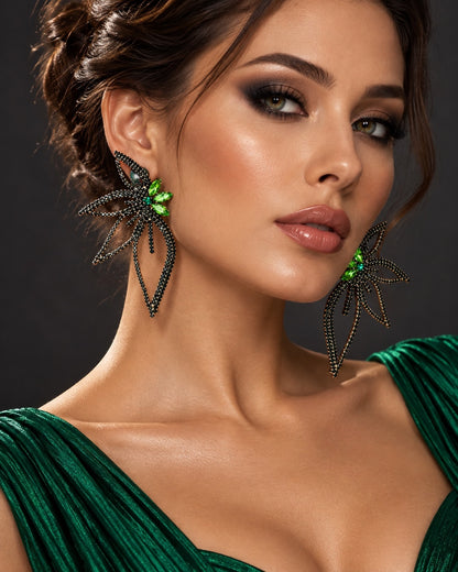 Green Crystal Starburst Statement Drop Earrings