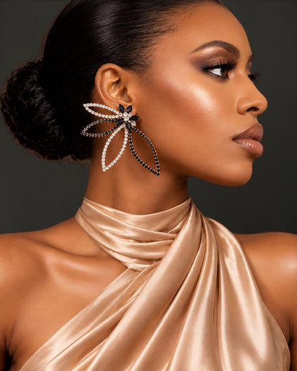 Black & Gold Rhinestone Starburst Statement Drop Earrings