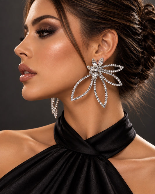 Silver Rhinestone Starburst Statement Drop Earrings