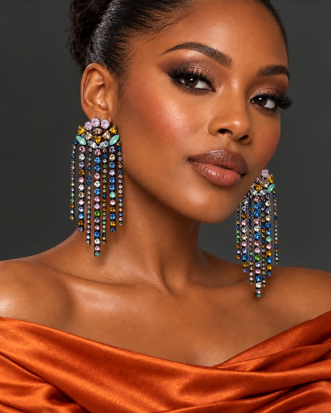Multicolour Rhinestone Chandelier Tassel Earrings Fatisha Boutique