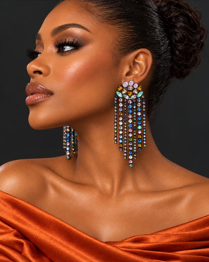 Multicolour Rhinestone Chandelier Tassel Earrings
