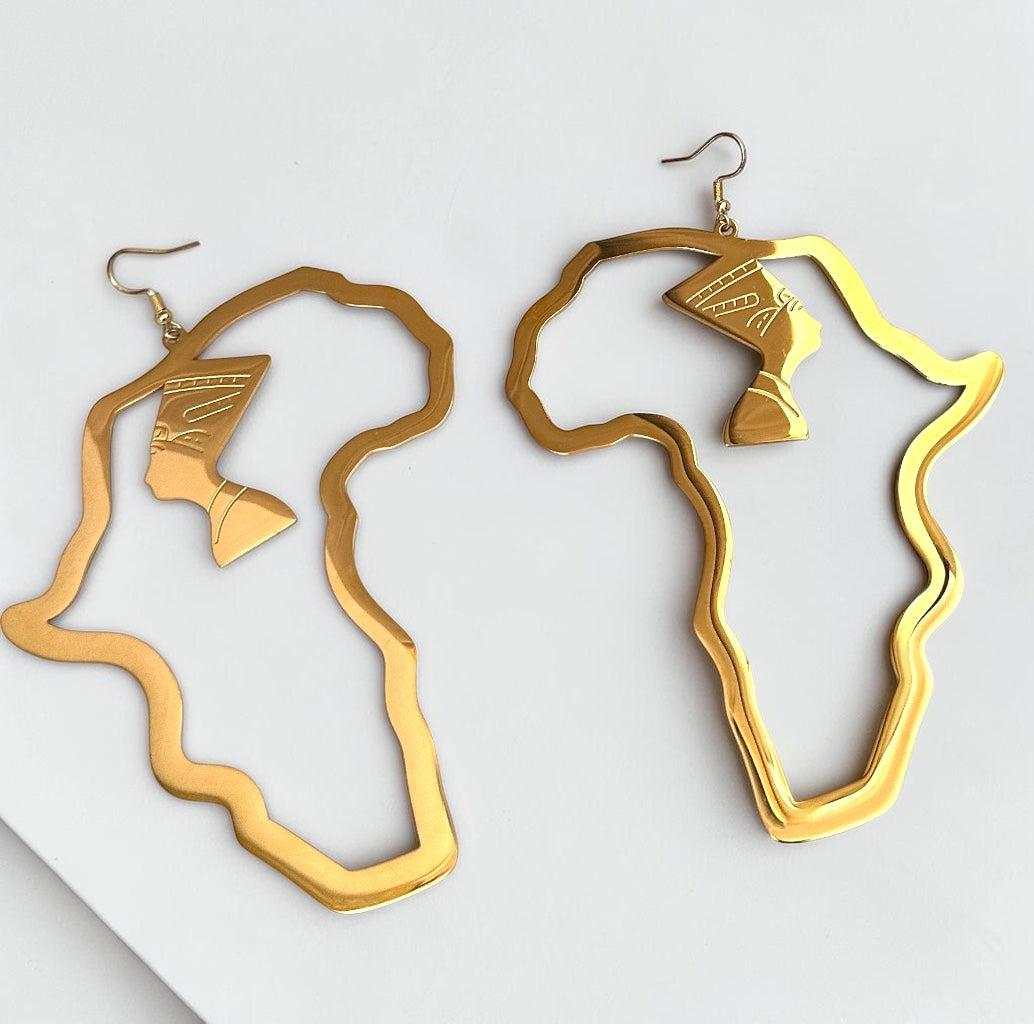 Oversized Gold Africa Map Nefertiti Statement Stainless Steel Earrings