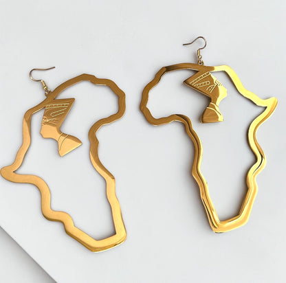 Oversized Gold Africa Map Nefertiti Statement Stainless Steel Earrings