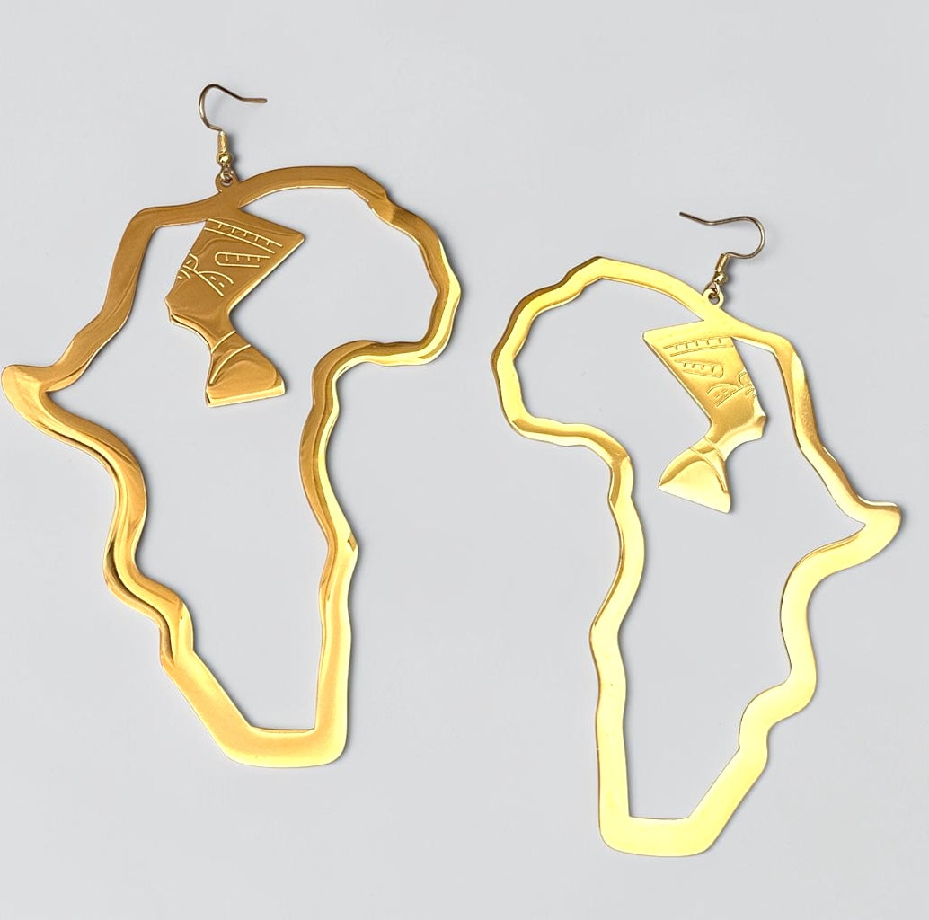 Oversized Gold Africa Map Nefertiti Statement Stainless Steel Earrings