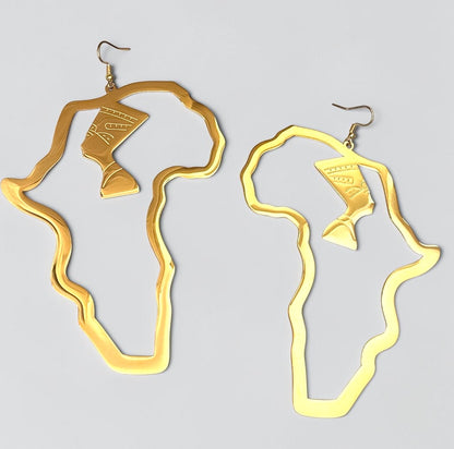 Oversized Gold Africa Map Nefertiti Statement Stainless Steel Earrings